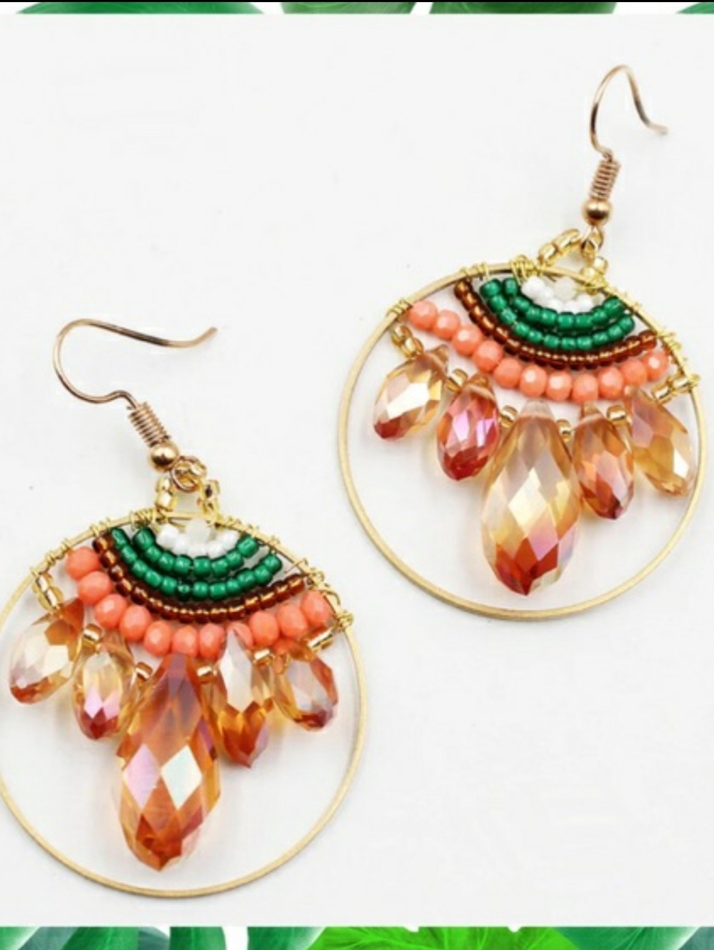 DELICATE JADE LIKE ORANGE GOLD CRAFTED FRENCH HOOK FACETED CRYSTAL BEAD DROP EAR